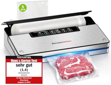 Bonsenkitchen Envasadora al Vacío, Maquina al Vacio con 5 modos, 8 L/min, Tecnología Globefish para Un Funcionamiento a Alta Velocidad, Vacío Rápido, Incluye 5 Bolsas de Vacío y 1 Bolsa de Rollo