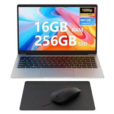 Ordenador Portatil 14 Pulgadas, 16GB RAM 256GB SSD TF Expansión, PC Portátil Celeron N4120 Up to 2.6Ghz, 5G/2.4GHz WiFi, 1920x1080 IPS FHD/BT/USB/DHMI, Win 11 Mini Portatil con Ratón y Alfombrilla