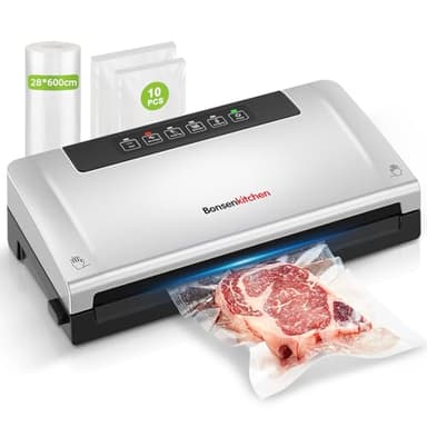 Bonsenkitchen Envasadora al Vacío, Maquina al Vacio con 5 Modos, Cortador y Almacenamiento de Bolsas en Rollo, Vacío Rápido, Incluye 10 Bolsas de Vacío y 1 Bolsa de Rollo-VS3000