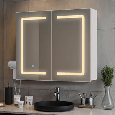 Blishom Armario Espejo para Baño con Luz LED y Puerto USB, Mueble de Pared con Sensor Táctil, Luz Fría/Cálida/Natural, Tomas de Corriente y Soporte para Secador, Almacenaje Grande, Blanco (70×16×60cm)