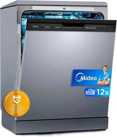 Midea Lavavajillas 60 cm+++ Inox para 12 servicios - Lavaplatos Libre Instalación con 4 Programas de Lavado, Integrable - Filtro Antibacterias, 49 dB, y Función de Media Carga Nuevo Modelo