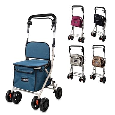 Mobiclinic®, Andador Plegable, Carro de la Compra con Asiento, 21L, Monomando, Acero, Gran Cesta, Respaldo y Acolchado, Sistema Frenado, Ruedas 360º, Coliseo (Azul)