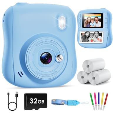 Hangrui Camara Fotos Infantil Instantanea, 1080P Camara Fotos Infantil, Cámara Instantánea para Niños con Tarjeta de 32GB,Papel de Impresión y Bolígrafos de Colores, Regalos Juguete-Azul
