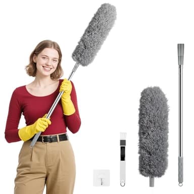 Zikenis Plumero Atrapapolvo,Plumero de Limpieza hasta 245 cm,para Limpiar Ranuras,Plumero Extensible Telescópico Lavable con Cepillo,para Ventanas Persianas Muebles - Gris