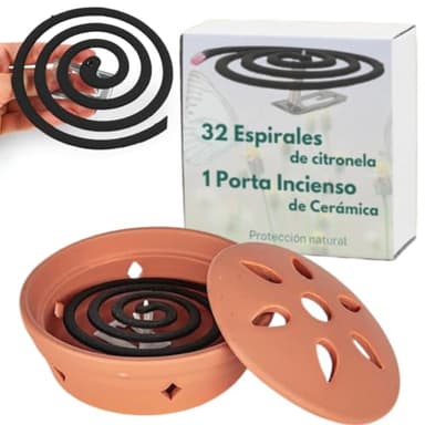 32 Espirales Antimosquitos y Quemador de Incienso de Ceramica Citronela Antimosquitos, Incienso Antimosquitos Exterior Espirales de Incienso con Soporte: Patio, Terraza, Camping o Interior