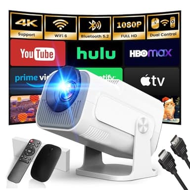 [App Integrada] 2026 Upgraded Proyector Portátil 1920x1080P 4K Supote Videoproyector Dual Control WiFi 6 BT5.2 180° Rotation Compatible con HDMI/TV Stick/USB/Laptop, Blanco