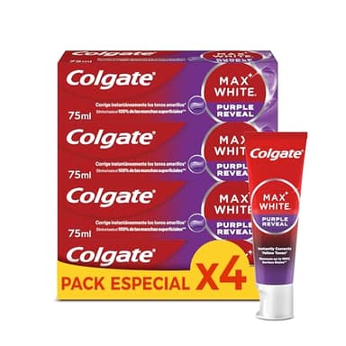 Colgate Max White Purple Reveal Pasta de Dientes Blanqueadora, 4 Uds x 75ml, Dentífrico Blanqueador de Dientes con Tecnología de Corrección Óptica del Color, Corrige al instante* los Tonos Amarillos