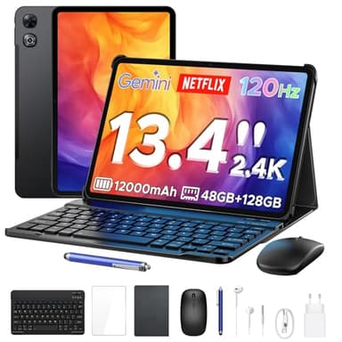 P13 Tablet Android 16, Tablet 13 Pulgadas, Gemini AI, 48GB RAM+128GB ROM/2 TF, 12000mAh/18W, IPS 2.4K, 120Hz, T7280 Octa-Core, 13MP, Face ID, 5G WiFi, GPS, OTG, Tablet con Teclado y Lapiz, Negro