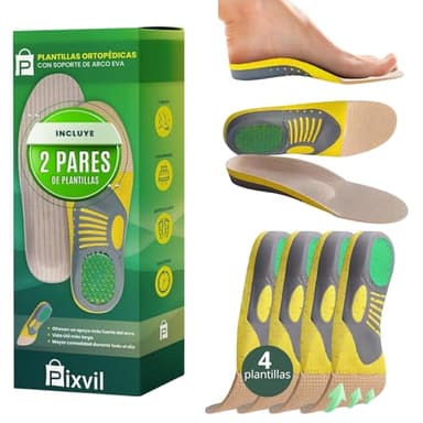 Pixvil® | Plantillas Fascitis Plantar | Incluye 2 Packs | Plantillas Ortopédicas Hombre y Mujer | Alivia dolor para pies Planos, Cavos, Pronadores y Metatarsalgia | Soporte del Arco y Espolón Calcáneo