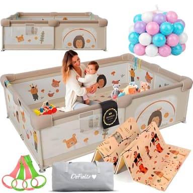 DeFieltro Parque Infantil Bebe del Bosque 150x180 - Corralito Bebe con Malla de Animales Transpirable Alfombra Acolchada +60 BOLAS +4 Anillas - Corral Plegable Baby ANTIDESLIZANTE