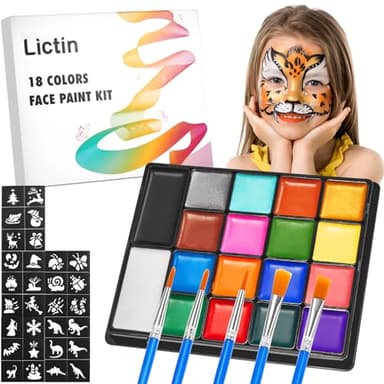 Lictin Pinturas Cara y Corporales-18Colores+5Cepillos+5plantillas,Pintura Facial Corporales Seguro y Saludable Pintura Facial Lavable para Arte Fiesta de Halloween,Cumpleaños,Lgbtq,Pride,Gran regalo