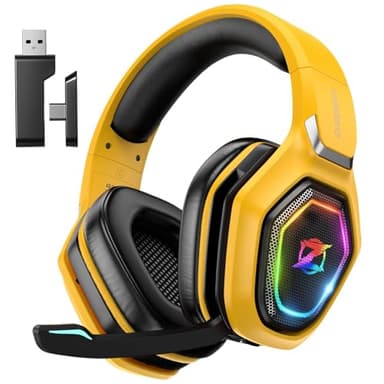 Ozeino Cascos Gaming Inalámbricos para PC/Ps5/Ps4, Auriculares Gaming Inalámbricos de 2,4GHz Wireless+Bluetooth (Amarillo)