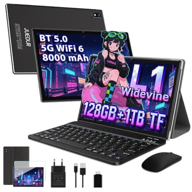 Tablet 10 Pulgadas Android, 22GB RAM+128GB ROM (TF 1TB), 8000mAh, Octa-Core 2.0 GHz, 5G+2.4G Dual Band WiFi 6, Widevine L1, GPS, Face ID, GMS, 5MP+8MP, BT5.0, Tablet con Teclado y Ratón - Negro