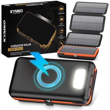 KYMKO® Cargador Solar para móvil 27000mAh con 4 Paneles solares Plegables | Power Bank Solar portátil USB-C 22.5W, Linterna LED SOS, batería Externa IP66 | Ideal para apagones y emergencias