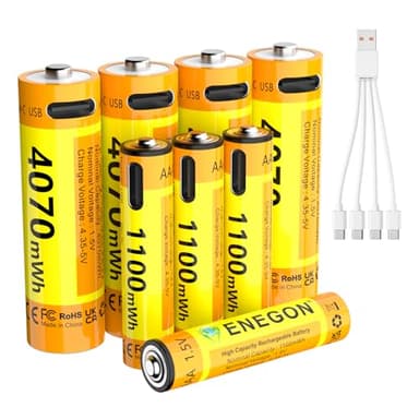 ENEGON Pack AAA+AA: 4 Pilas AAA + 4 Pilas AA de Litio Recargables USB-C, AAA 1100 mWh/AA 4070 mWh, 1,5 V Constante, Cable de Carga 1 a 4, para mandos, básculas, teclados y Ratones