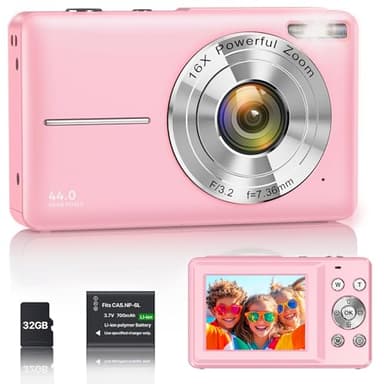 Cámara Digital 1080P 44MP Cámara de Vlogging para Niños Adolescentes, FHD Compacta Portátil con Pantalla de 2,4" Zoom 16X, Mini Cámara Anti-vibración para Principiantes Estudiantes-Rosa