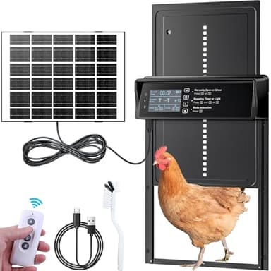 Puerta Automática Gallinero Solar con LED Pantalla, Sensor de Luz, Temporizador, Mando a Distancia