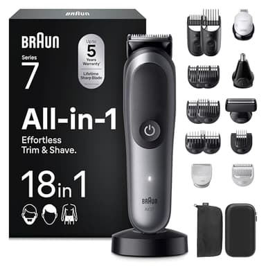 Braun Recortadora Todo en Uno Series 7 AIO7585, Gris - Kit de Styling 18en1 para Barba, Pelo, Orejas, Nariz Y Cuerpo, 120 Min de Autonomía, Cortapelos Hombre con Lámina Ultra Afilada