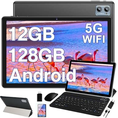 2026 Tablet 10 Pulgadas Tablets Android, 12GB RAM+128GB ROM/TF 1TB, 5G WiFi, Bluetooth 5.0, 3.5mm Audio, Batería 6000mAh, Cámara 5+8 MP, Widevine L1, GMS, Tablet con Funda, Ratón & Teclado - Negro