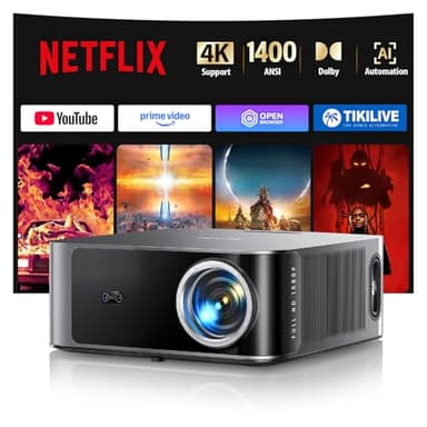 Proyector【1400 ANSI/App Oficial Integrada/36W Dolby】Smart Proyector 4K Compatible con Netflix AI Auto Focus/Keystone, Proyector1080P Nativo WiFi6 Bluetooth5.2 Zoom 50% Cine en Casa/Exterior para Movil