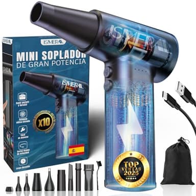 SÚPER Soplador De Aire Potente de 150000RPM BRUSHLESS ISMERAL® + 9 Boquillas + Cepillo + Bolsa de Transporte | Soplador Bateria 6000mAh | Aire Comprimido Limpieza pc | Soplador De Aire para pc |