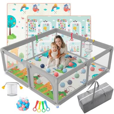 JUPPLIES Parque Infantil Bebe 120x120cm + Alfombra Bebe + Agarraderas + Canasta + 50 Bolas + Bolsa de Transporte | Corralito Bebe con Malla Transpirable (Gris)