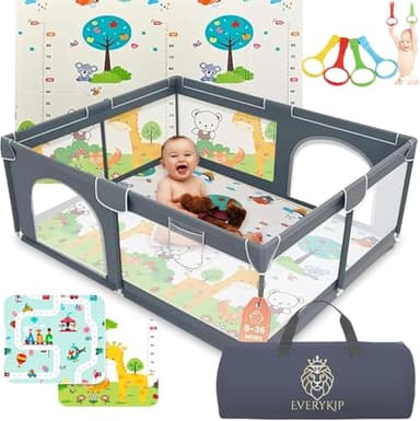EveryKip® Parque Infantil Bebe Beige 120x120cm + Alfombra Suelo + Anillas + Bolsa Transporte Corralito Bebe Plegable Malla Transpirable Baby Playpen (Gris)