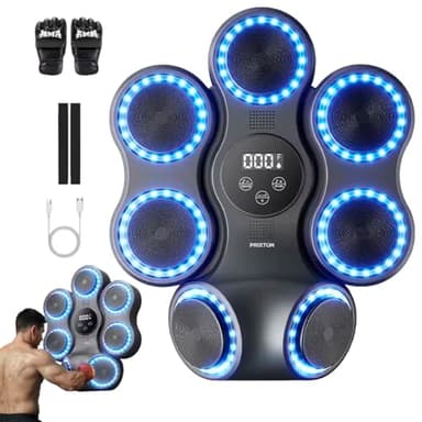 PRIXTON Máquina de Boxeo Musical Combat Pro BM150, Bluetooth y Luces LED, 11 Modos y 9 Velocidades, Guantes Incluidos, Entrenamiento Interactivo en Pared para Casa