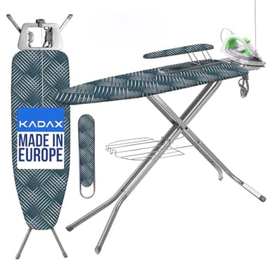 KADAX Tabla de Planchar de Acero con Funda de Algodón, Enchufe, Altura Regulable, Estante para Ropa y Soporte para Plancha, Mesa Plegable (Verde)