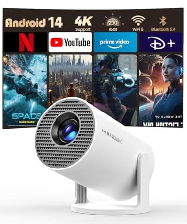 Proyector Portátil con Android 14, Mini Proyector 4k 1080P Full HD Soporte 200ANSI 8000L, Videoproyector WiFi 5G BT 5.4, Cine Projector 180 ° Se Puede Girar para TV Stick Blanco