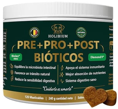 HOLIBIUM Probioticos Perros, 120 uds, Prebióticos, Postbióticos y Probióticos para Perros, Mejora Digestión, Diarrea y Heces Blandas, Suplemento Digestivo Natural para la Flora Intestinal, Sabor Pollo