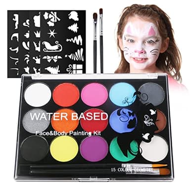 URAQT Pintura Corporal y Facial, 15 Colores Seguridad No Tóxica Pintura Facial, Kit de Pintura Facial con 32 Plantillas 2 Pinceles, Pintura de Cara para Niños Halloween Fiestas Cosplay Semana Santa