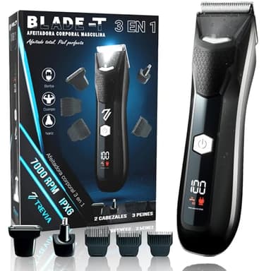 TREVIA® AFEITADORA CORPORAL MASCULINA 3 en 1 PROFESIONAL + 3 CABEZALES | Maquina de Afeitar Hombre | Depiladora Corporal Hombre | Recortadora de barba hombre | Cortapelos | Corte Ajustable +3 medidas