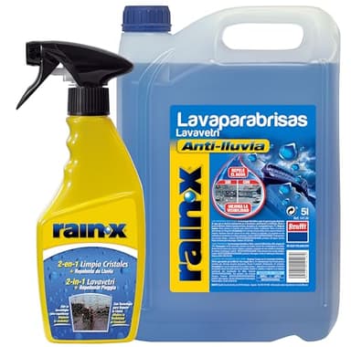 Rain-X Pack Limpiaparabrisas y Tratamiento Antilluvia – Mejora la Visibilidad, Protege de la Lluvia y Evita Rayas – 5 L de Líquido Lavaparabrisas y 500 ml de Limpiacristales