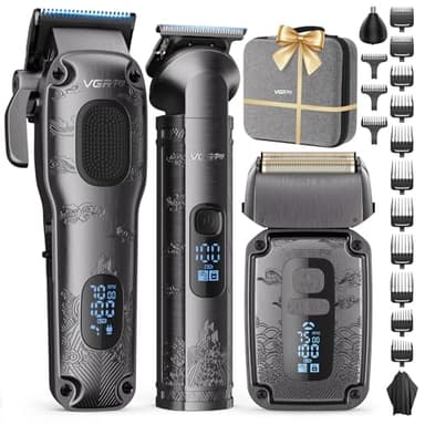 VGRPRO Set de maquina de cortar pelo hombre y Trimmer, Afeitadora Eléctrica para Barba, Sin Cable Cortapelos Hombre, Configuración de 4 Velocidades, Pantalla LED de Batería, Uso de Barbero (Gris)