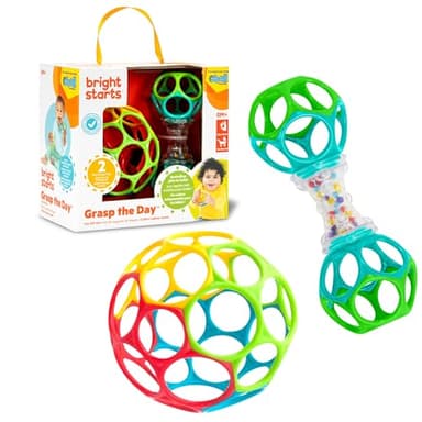 Bright Starts, Set de Regalo Grasp The Day, Oball de Fácil Agarre, Pack de 2 Juguetes con Pelota y Sonajero, Sin BPA, Unisex, Desde Recién Nacidos en Adelante