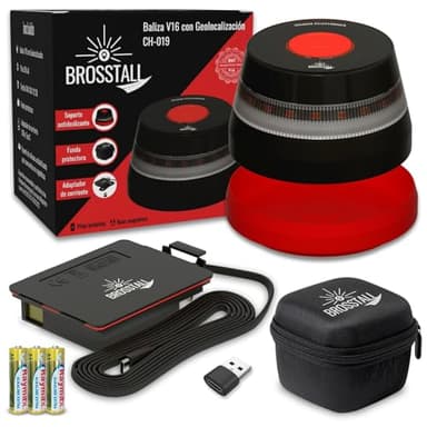 Brosstall Baliza V16 Homologada DGT con Geolocalización, Tarjeta SIM hasta 2038, sin suscripciones, Luz de Emergencia Geolocalizada Conectada con la DGT 3.0 para Coche, Libre de Cargos Adicionales