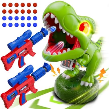 Dinosaurio Movimiento Juguetes de Tiro, Juegos Niños 3-10 Años, 2 Pistolas de Bomba de Aire con Scope, Bola, Rugido, Brillo Abdominal Ojos, LED Contador, Cumpleaños Regalo Niños 3 4 5 6 7 8 9 10 Años