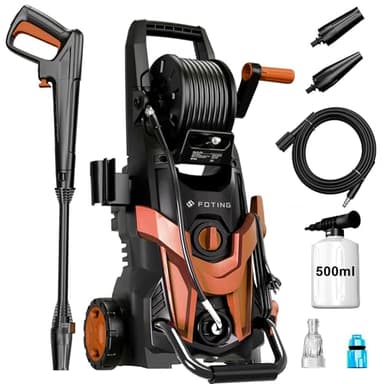 Hidrolimpiadora de Alta Presión 180 Bar, Caudal 420 l/h, Boquilla 6-in-1, 50 m²/h, con Lanza, Manguera y Depósito de Espuma 500 ml, para Coche, Jardín y Hogar