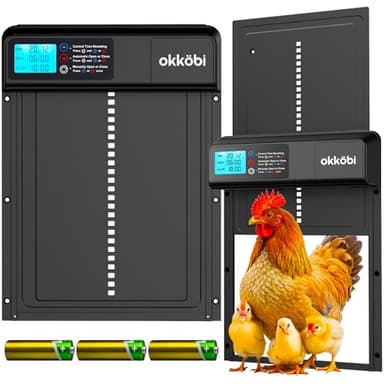 Puerta Automática para Gallinero Okköbi – Coop Door Lite – A Pilas (3X AA Incluidas) – Modo Temporizador y Manual – Pantalla LCD – Sistema Antipinzamiento – Apertura de 28 x 24 cm