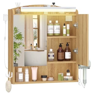 Hzuaneri Armario de Baño, con Espejo y Luz LED, Mueble Espejo de Pared, Armario baño Pared, con Soportes y Ganchos para secador de Pelo, con Interruptor y Enchufe, 16,5 x 60 x 68,5 cm Natural
