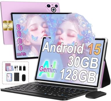 Dghrti 10 Pulgadas Tablet 30GB+128GB, 8000mAh, Android 15, IPS Pantalla FHD, Procesador Octa-Core, Certificación GMS/Widevine L1, Tableta PC con Cuerpo de Metal, Teclado y Mouse -Violeta