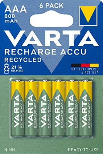 Varta Recharge Accu Recycled, Pilas de NiMh AAA Micro rechargable (paquete de 6 unidades, 800 mAh) hechas con un 11% de materiales reciclados - Recargables sin efecto de memoria