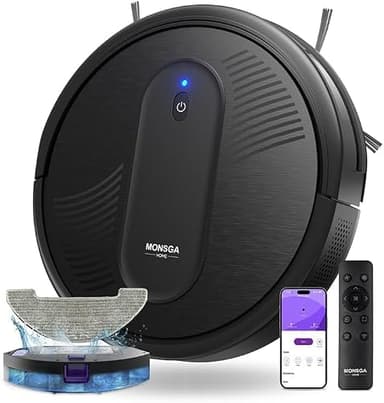 MONSGA Robot Aspirador,Robot Aspirador y Fregasuelos 4000Pa Presión de Succión, Autonomía 140 Minutos, Sensores Anticaídas y Cepillo Multifunción, TotalSurface, App Control