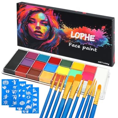 LOPHE Pintura Cara Niños, 20 Colores Kit de Pintura Facial y Corporales Profesional, Pintacaras Infantil Hipoalergénico con Pinceles y Plantillas, Pinturas Cara Lavable para Halloween,Carnaval Fiestas