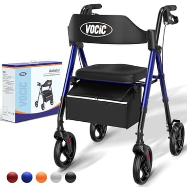 VOCIC Andador plegable y ligero con asiento, andadores estrechos para apartamentos, andadores para personas mayores, plegable con neumáticos de 20 cm para todo terreno, asiento y mango de altura