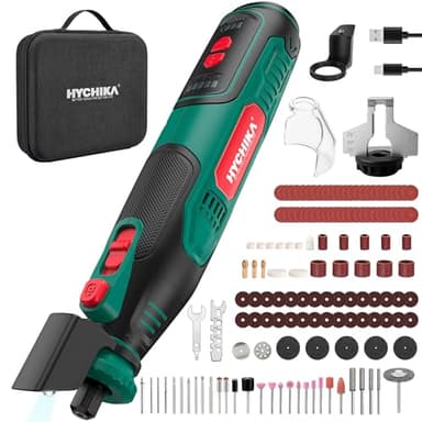 HYCHIKA Herramienta rotativa inalámbrica 8V 2,0Ah batería más grande, 5 velocidades max 30000 RPM, kit 145 accesorios con afilador de cadenas y luz LED, para lijado, pulido, corte, taladrado, grabado