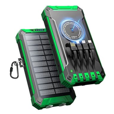 Power Bank Solar 26800mAh con 4 Cables, Batería Externa Cargador Solar Inalámbrico USB-C 15W Carga Rápida 6 Salidas 3 Entradas para Teléfono, Cargador Solar con Linterna, Mosquetón