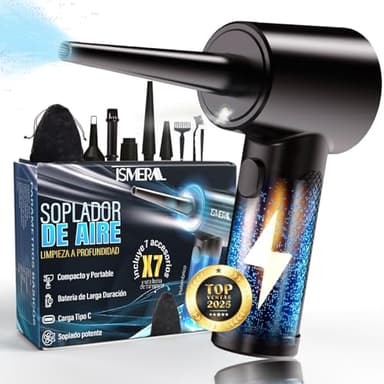 SÚPER Soplador de Aire Potente ISMERAL® + Accesorios | Bateria 6000mAh | soplador electrico de 100000RPM | Aire Comprimido Limpieza pc | Soplador Aire | Pistola aire comprimido y limpiador pc