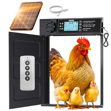 Puerta Gallinero Automatica Solar - Pro Version - Puerta Automatica Gallinero con Mando a Distancia, Sensor de luz y Temporizador - Seguridad: Función Anti-pellizco - Pantalla LCD - 5 años protección